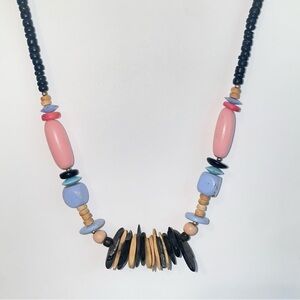 Vintage 80s Wood Bead and Stone Chip Statement Piece Necklace Pastels & Black